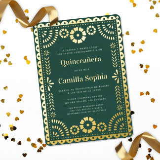 Quinceañera Papel Picado Dark Green Gold Folieneinladung