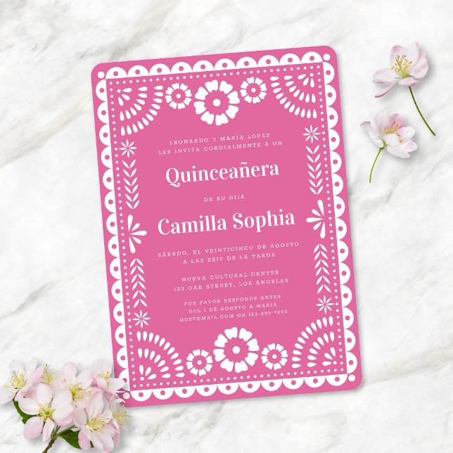 Quinceañera Papel Picado Elegant Bright Pink Einladung (Von Creator hochgeladen)