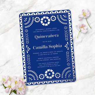 Quinceañera Papel Picado Elegant Royal Blue Silver Folieneinladung