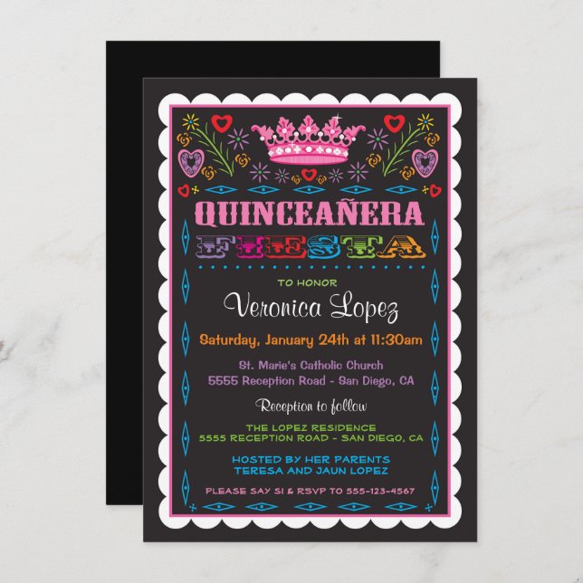 Quinceañera Papel Picado Fiesta Einladung (Vorne/Hinten)