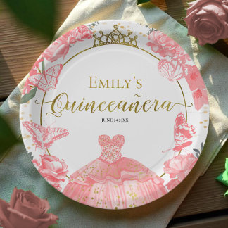 Quinceanera Paper Teller Rosa Kleid Floral Gold