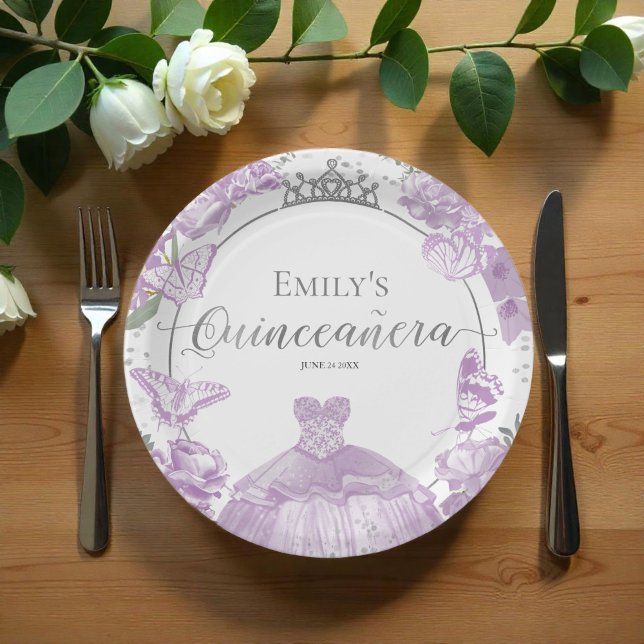 Quinceanera Paper Tellers Lavendel Dress Floral Pappteller (Von Creator hochgeladen)
