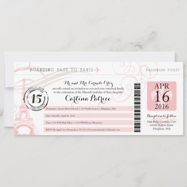 Quinceanera | Paris Boarding Pass Einladung (Vorderseite)