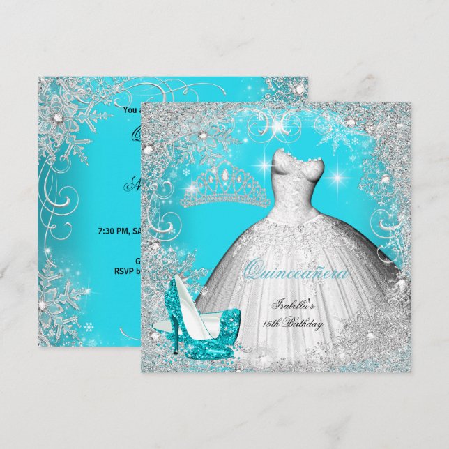 Quinceanera Party Aquamarin Blau Silberschneeflock Einladung (Vorne/Hinten)