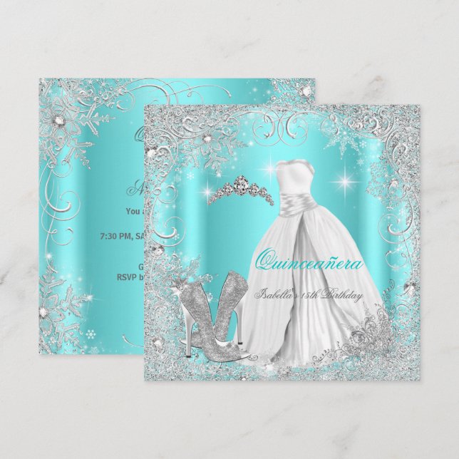 Quinceanera Party Aquamarin Blue Silver Snowflakes Einladung (Vorne/Hinten)