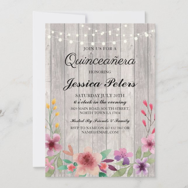 Quinceanera Party beleuchtet rustikales hölzernes Einladung (Vorderseite)
