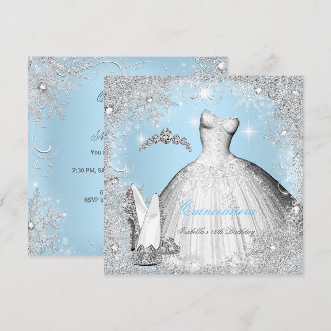 Quinceanera Party Blue Silver Snowflakes Einladung (Vorne/Hinten)