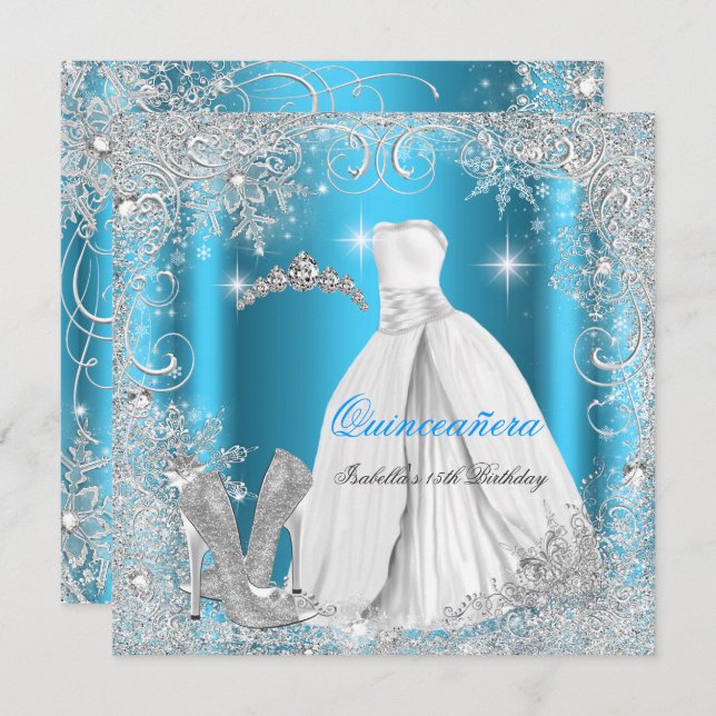 Quinceanera Party Blue Silver Winter Schneeflocken Einladung (Vorne/Hinten)