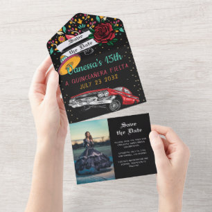 Quinceañera-Party Blumen Lowrider Save-the-Date All In One Einladung
