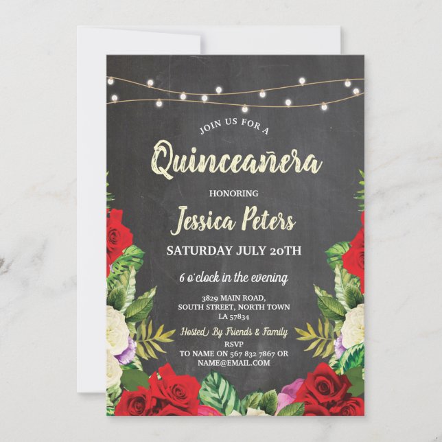 Quinceanera Party Chalk Rote Rosen Einladung (Vorderseite)