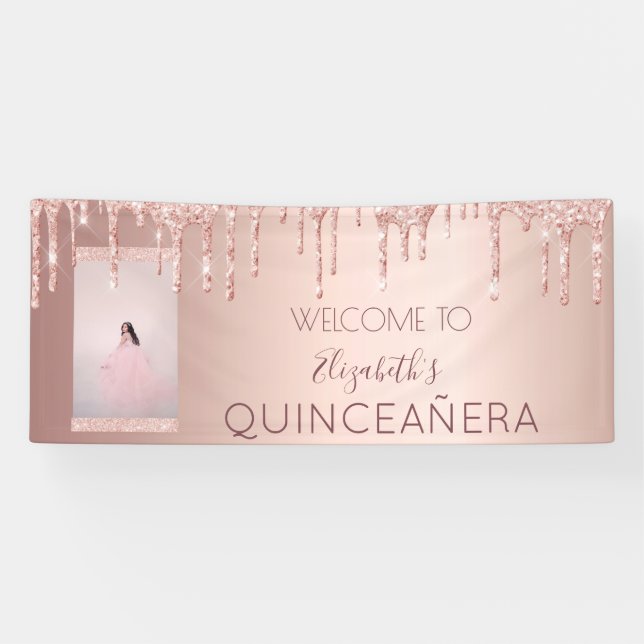 Quinceanera Party Foto Rose Gold Glitzer Empfang Banner (Horizontal)