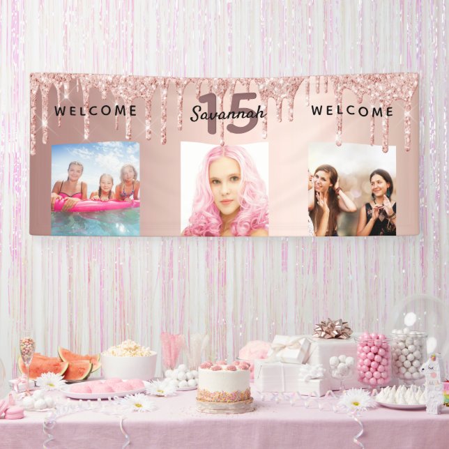Quinceanera Party Foto Rose Gold Glitzer Funkeln Banner (Party)