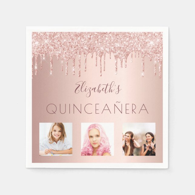 Quinceanera Party Foto Rose Gold rosa Tropfen Serviette (Vorderseite)