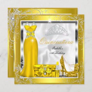 Quinceanera Party Gelbes Gold Silberkleid S5 Einladung