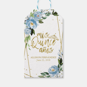 Quinceanera Party Gold Foil Dusty Blue Floral Fav Geschenkanhänger