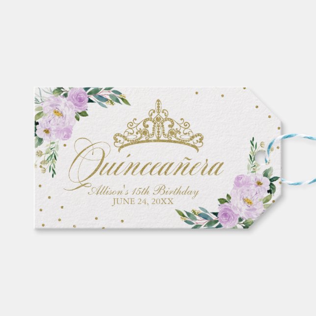Quinceanera Party Gold Tiara Lila Lilac Floral Geschenkanhänger (Vorderseite (Horizontal))