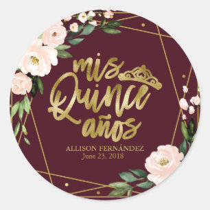 Quinceanera Party Goldene Forelle Burgund Blütenwe Runder Aufkleber