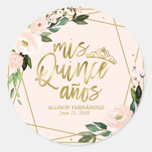 Quinceanera Party Goldene Forelle Rosa Blüten Runder Aufkleber