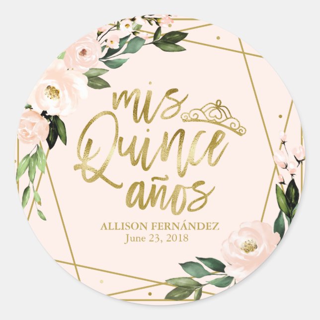Quinceanera Party Goldene Forelle Rosa Blüten Runder Aufkleber (Vorderseite)
