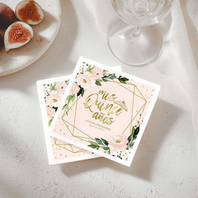 Quinceanera Party Goldene Forelle Rosa Blüten Serviette (Von Creator hochgeladen)