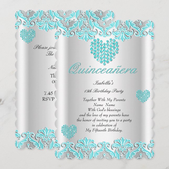 Quinceanera Party Hübsch Aquamarin Blue Hearts Lac Einladung (Vorne/Hinten)