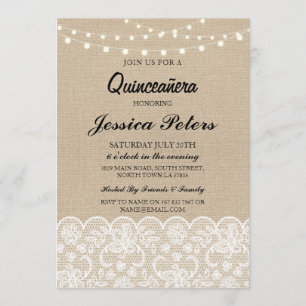 Quinceanera Party Lights Rustic Burlap Lace Einlad Einladung
