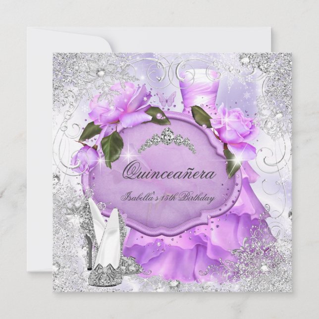 Quinceanera Party Lila Lilac Rose Snowflakes Einladung (Vorderseite)
