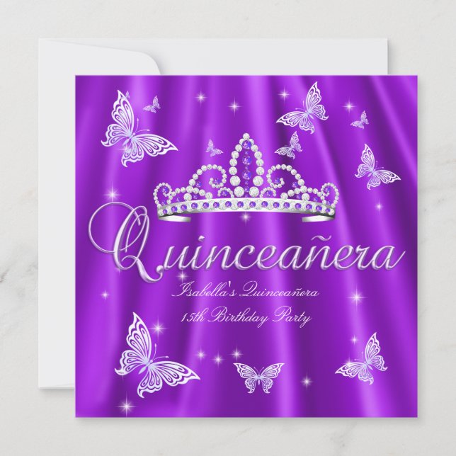 Quinceanera Party Lila Tiara Butterfly Einladung (Vorderseite)