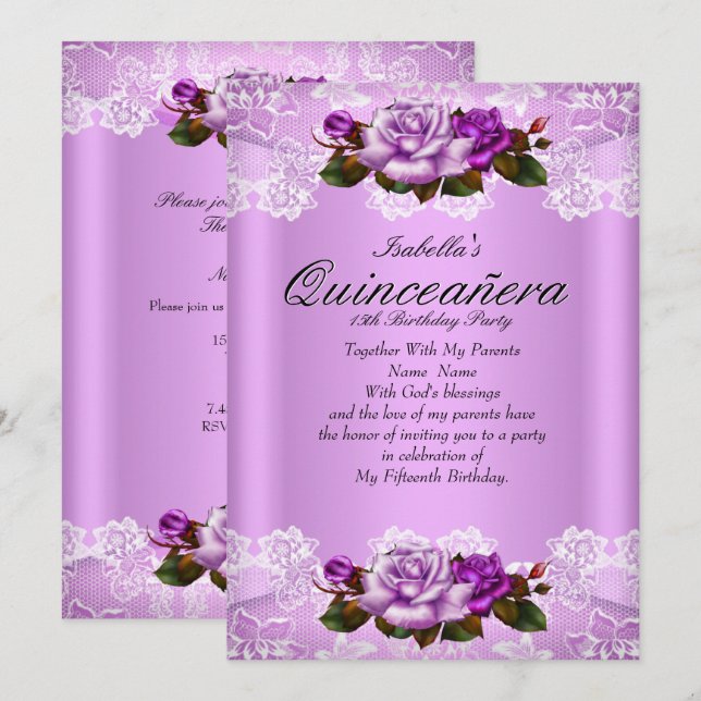 Quinceanera Party Lilac Lila Pink Roses Lace Einladung (Vorne/Hinten)