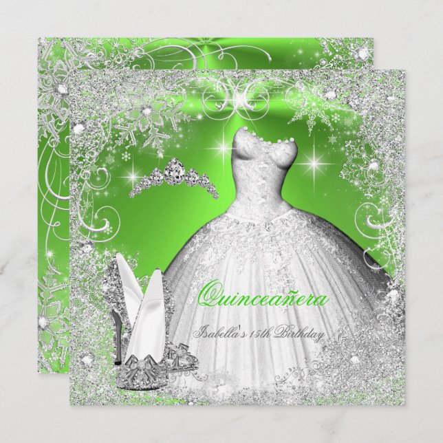 Quinceanera Party Lime Green Silver Schneeflocken Einladung (Vorne/Hinten)