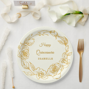 Quinceanera Party Luxe Gold Rose Flora Elfenbeinkü Pappteller