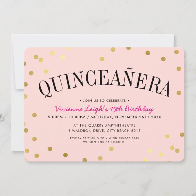 QUINCEAÑERA PARTY luxuriöse goldfarbene Konfetti S Einladung (Vorderseite)