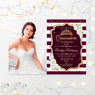 Quinceanera Party mit Foto - Burgund Weißes Gold Einladung