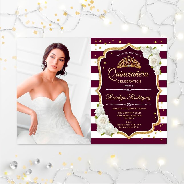 Quinceanera Party mit Foto - Burgund Weißes Gold Einladung (Von Creator hochgeladen)