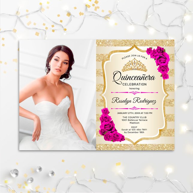 Quinceanera Party mit Foto - Gold rosa Einladung (Von Creator hochgeladen)