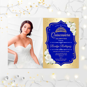 Quinceanera Party mit Foto - Gold Royal Blue Einladung