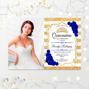 Quinceanera Party mit Foto - Gold Royal Blue Einladung