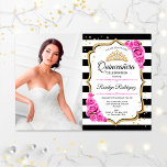 Quinceanera Party mit Foto - Rosa Schwarz Einladung<br><div class="desc">Quinceanera Party Einladung mit Ihrem Foto. Schwarz-weiße Streifen,  Skript-Schriftart,  rot rosa Rosen,  tiara und Konfetti. Klassisches Schwarz-weißes rosa Design mit Imitaten Glitzer Gold. Ideal für eine elegante Feier.</div>