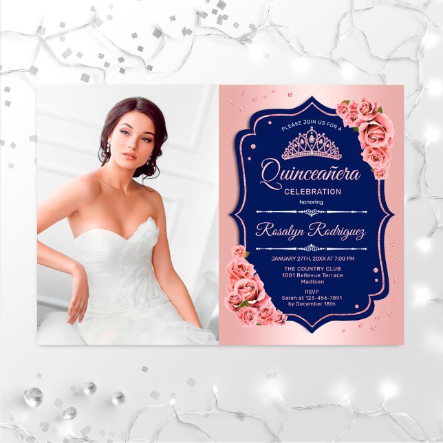 Quinceanera Party mit Foto - Rose Gold Navy Einladung (Von Creator hochgeladen)