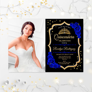 Quinceanera Party mit Foto - Royal Blue Gold Einladung