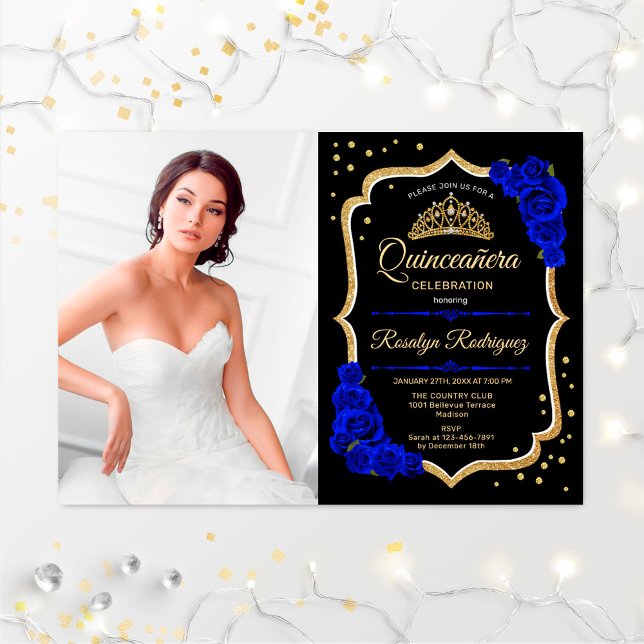 Quinceanera Party mit Foto - Royal Blue Gold Einladung (Von Creator hochgeladen)