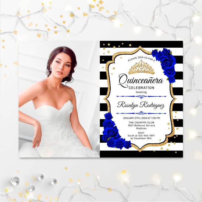 Quinceanera Party mit Foto - Royal Blue Gold Einladung (Von Creator hochgeladen)