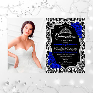 Quinceanera Party mit Foto - Royal Blue Silver Einladung
