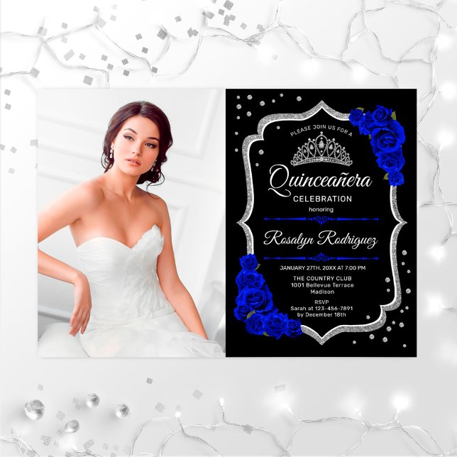 Quinceanera Party mit Foto - Royal Blue Silver Einladung (Von Creator hochgeladen)