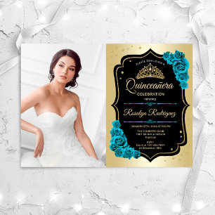 Quinceanera Party mit Foto - Schwarz-Gold Aquamari Einladung