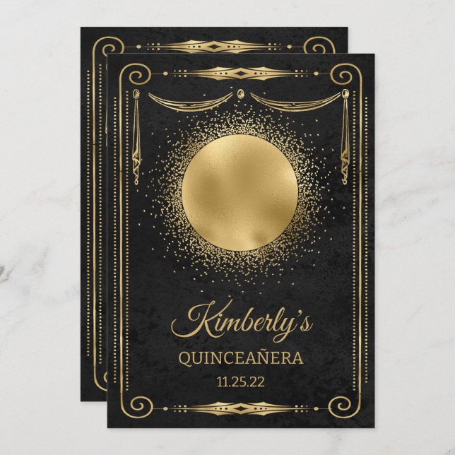Quinceanera Party mit Foto - Schwarz und Gold Einladung (Vorne/Hinten)