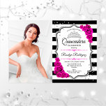 Quinceanera Party mit Foto - silber, rosa Einladung<br><div class="desc">Quinceanera Party Einladung mit Ihrem Foto. Schwarz-weiße Streifen,  Skript-Schriftart,  fuchsia rosa Rosen,  Tiara und Konfetti. Klassisches Schwarz-weißes rosa Design mit Imitaten Glitzer Silber. Ideal für eine elegante Feier.</div>