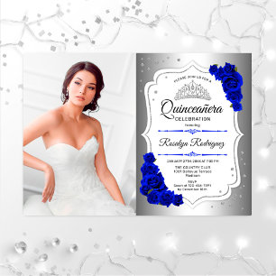 Quinceanera Party mit Foto - Silver Royal Blue Einladung