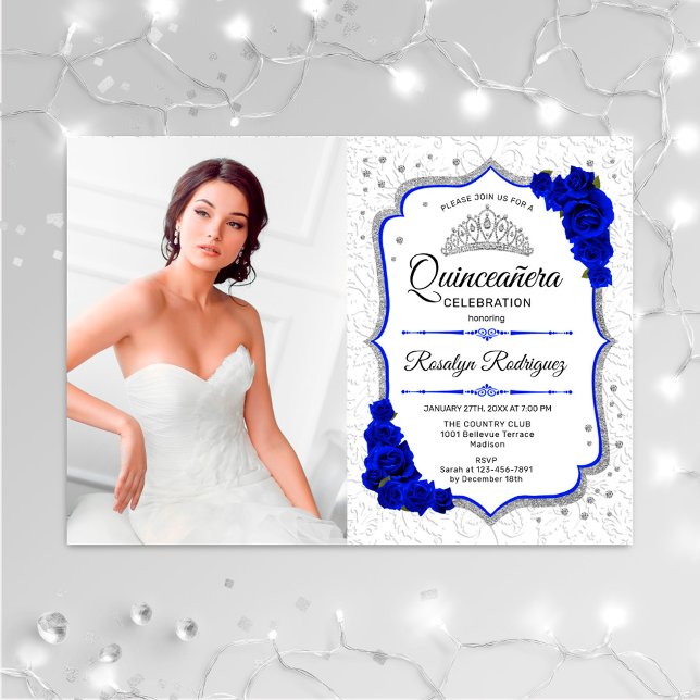 Quinceanera Party mit Foto - Silver Royal Blue Einladung (Von Creator hochgeladen)