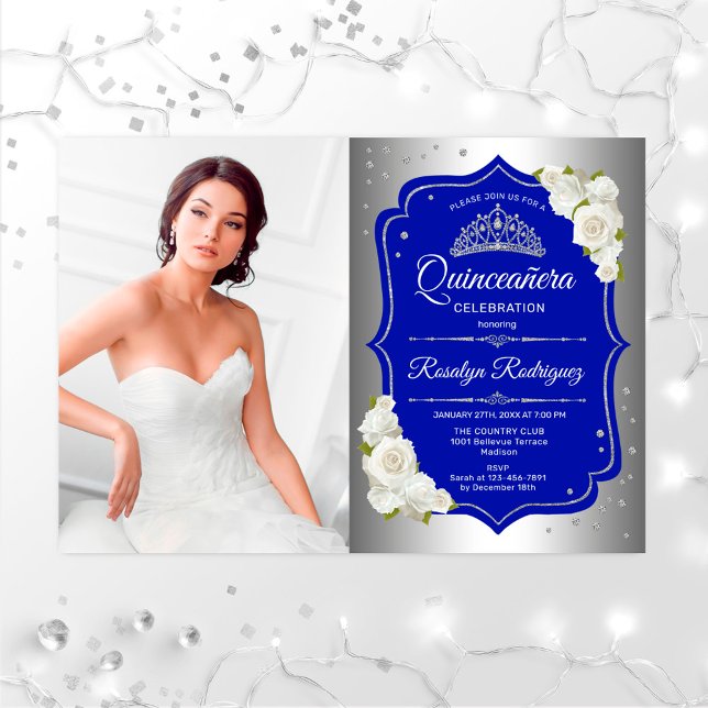 Quinceanera Party mit Foto - Silver Royal Blue Einladung (Von Creator hochgeladen)